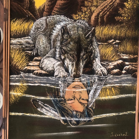 Wolf Reflection Art velvet painting Sanchez vintage - Picture 1 of 2